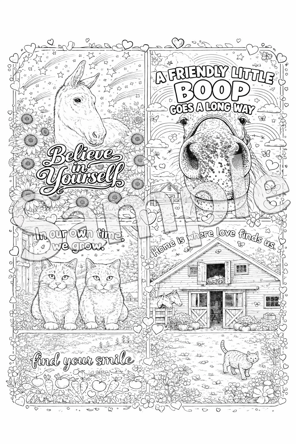 5 pack- five different coloring sheets inspirational barn animals